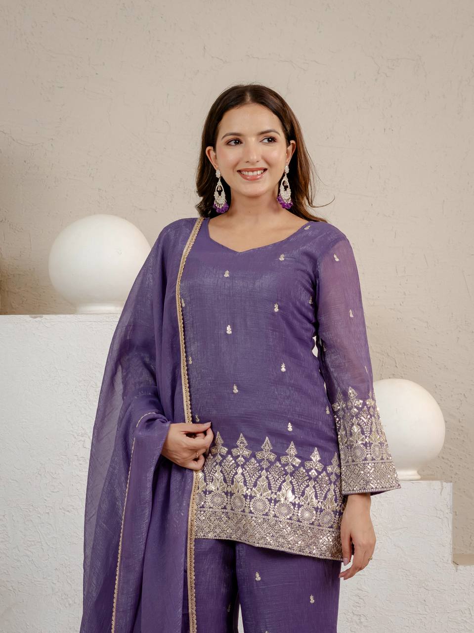 Elegant Lavender Embellished Kurta and Flared Sharara Set Featuring Intricate Silver Zari Embroidery and a Sheer Matching Dupatta